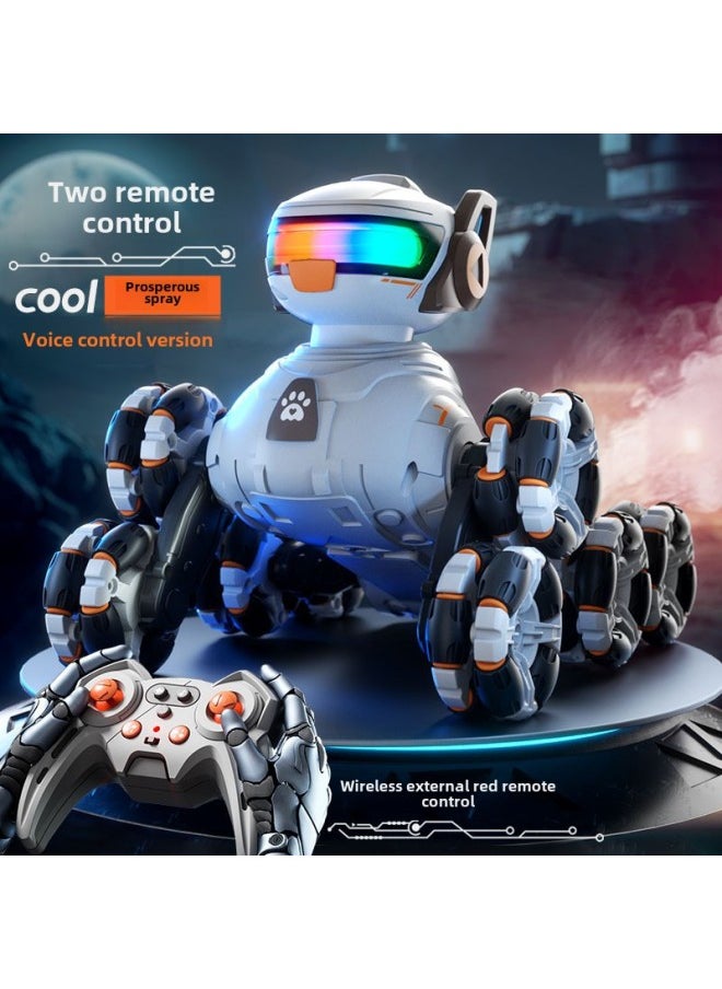 Children's Remote Control Car Eight-wheel Stunt Deformation Robot Dog Voice Control Gesture Remote Control Induction Cross-country Climbing Car Toy Men-Color: Eight-wheel Stunt Spray Dog-white-Specifications: 2 Sets Of Lithium Batteries + Replacement If Broken + Remote Control Battery + Screwdriver  - Image 1
