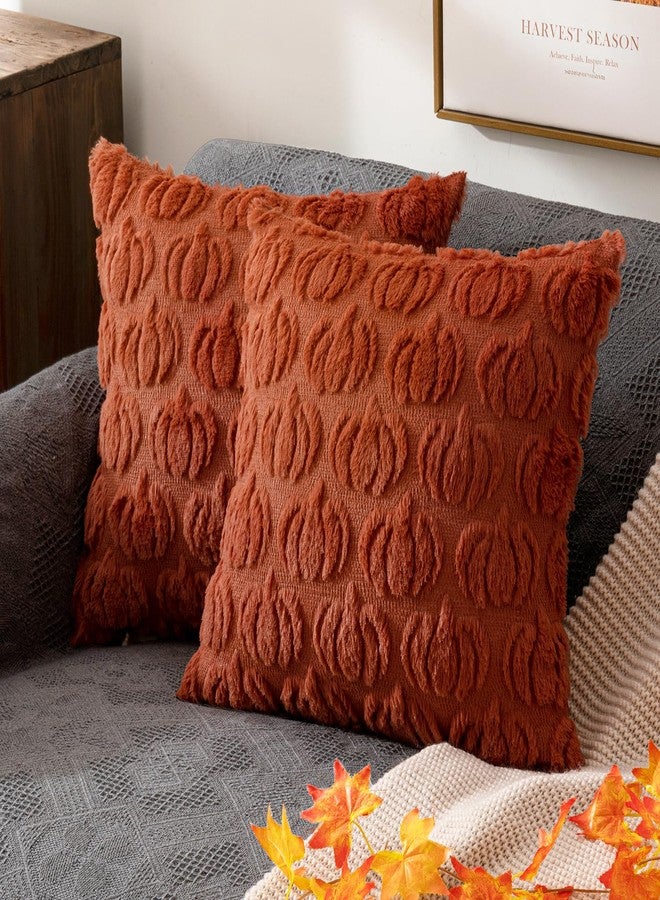 ANRODUO Fall Decorations Pillow Covers 18x18 Set of 2 Halloween Thanksgiving Autumn Harvest Pumpkin Faux Fur Throw Pillows Plush Wool Couch Cushion Case for Proch Sofa Living Room Home Decor Rust - Image 1