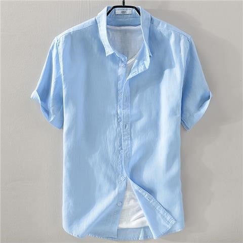 Summer Linen Mens Short Sleeve Shirt khaki lapel  - Image 2