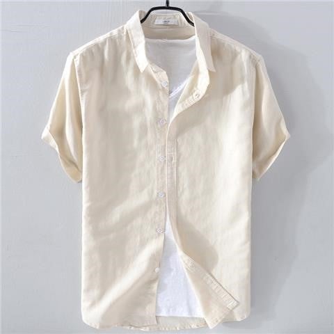 Summer Linen Mens Short Sleeve Shirt khaki lapel  - Image 1