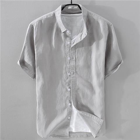 Summer Linen Mens Short Sleeve Shirt khaki lapel  - Image 4