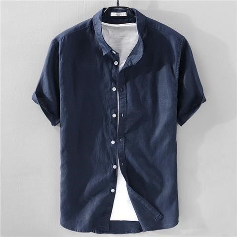 Summer Linen Mens Short Sleeve Shirt khaki lapel  - Image 3