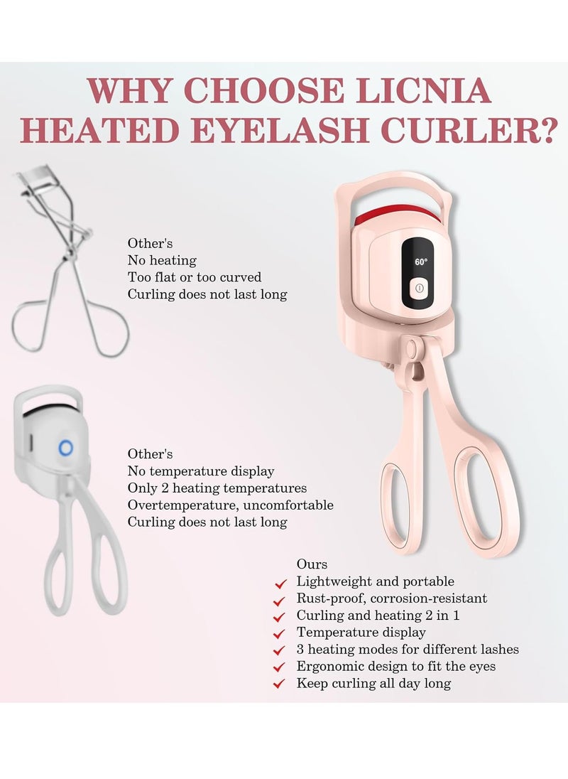 Heated Eyelash Curlers, Temperature Display Heated Lash Curler with Separator Tool and Brush, 3 Heating Modes Rechargeable Electric Eyelash Curler for Stunning Lashes in Minutes,Pink