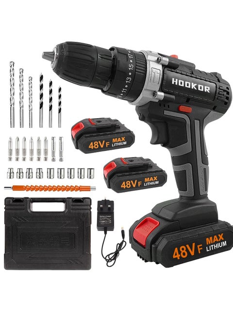 48V Cordless Drill,Variable 2 Speed, LED Light, Power Drill Kit with 2 Lithium Ion Battery and Charger, Electric Drill with Variable Speed for Home DIY and Repair,Drill/Driver Accessories Kit