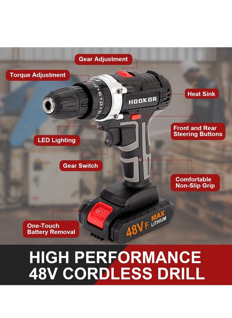 48V Cordless Drill,Variable 2 Speed, LED Light, Power Drill Kit with 2 Lithium Ion Battery and Charger, Electric Drill with Variable Speed for Home DIY and Repair,Drill/Driver Accessories Kit