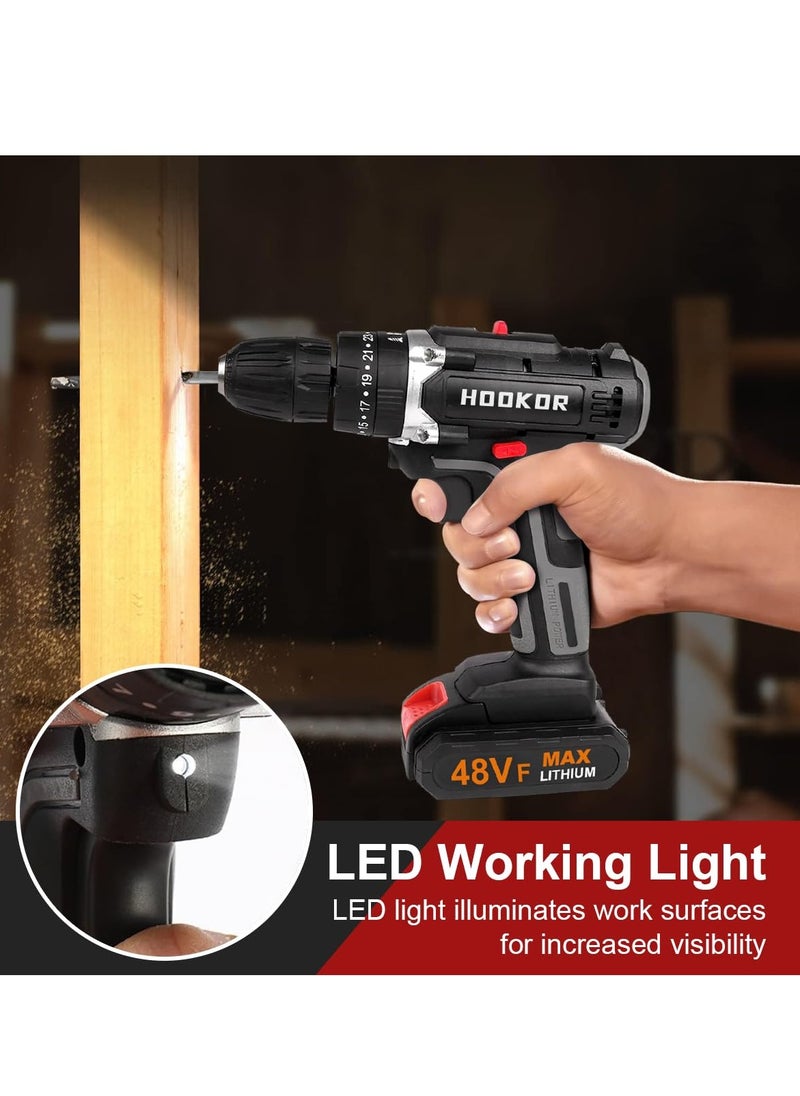 48V Cordless Drill,Variable 2 Speed, LED Light, Power Drill Kit with 2 Lithium Ion Battery and Charger, Electric Drill with Variable Speed for Home DIY and Repair,Drill/Driver Accessories Kit