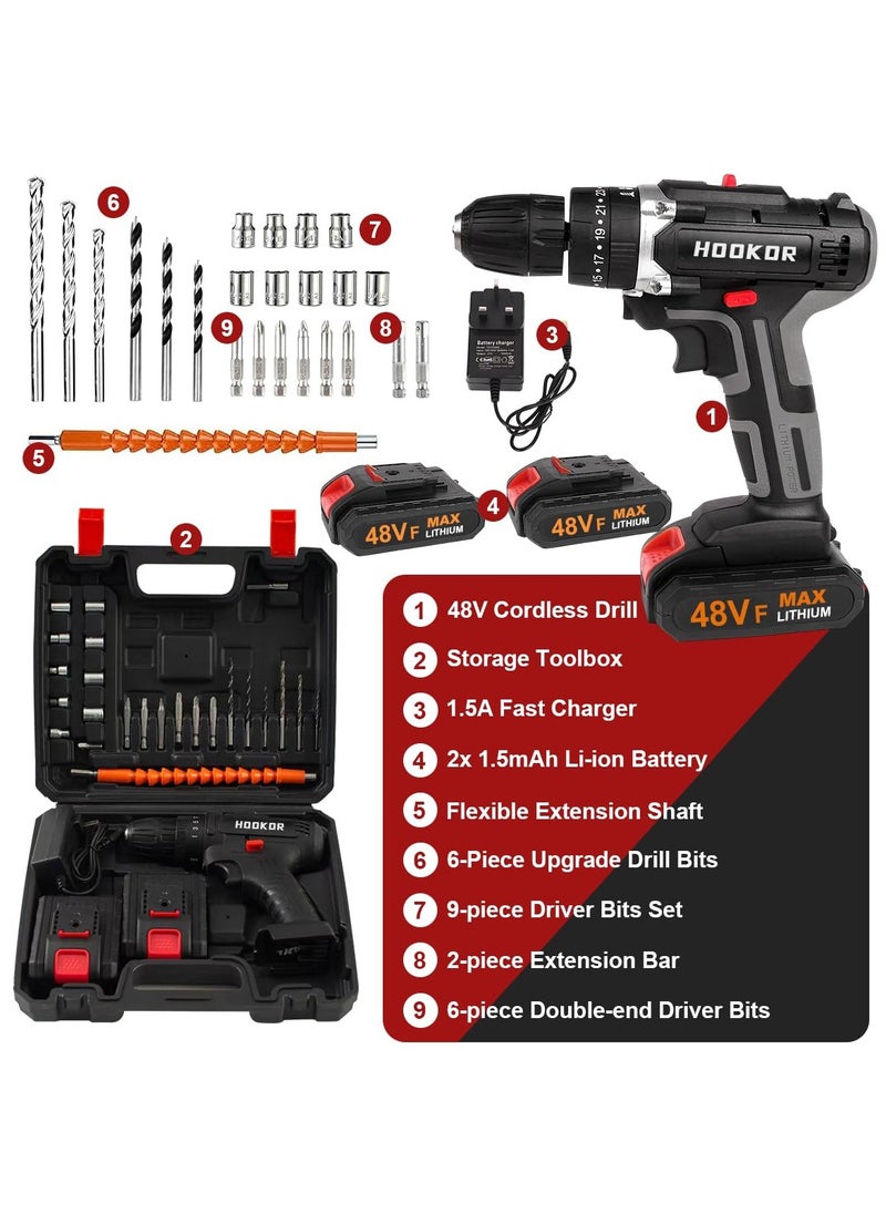 48V Cordless Drill,Variable 2 Speed, LED Light, Power Drill Kit with 2 Lithium Ion Battery and Charger, Electric Drill with Variable Speed for Home DIY and Repair,Drill/Driver Accessories Kit
