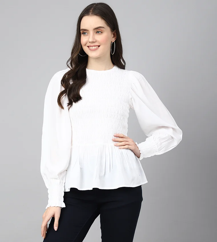 BEVERLY HILLS POLO CLUB Smocked Round Neck Long Sleeves Top