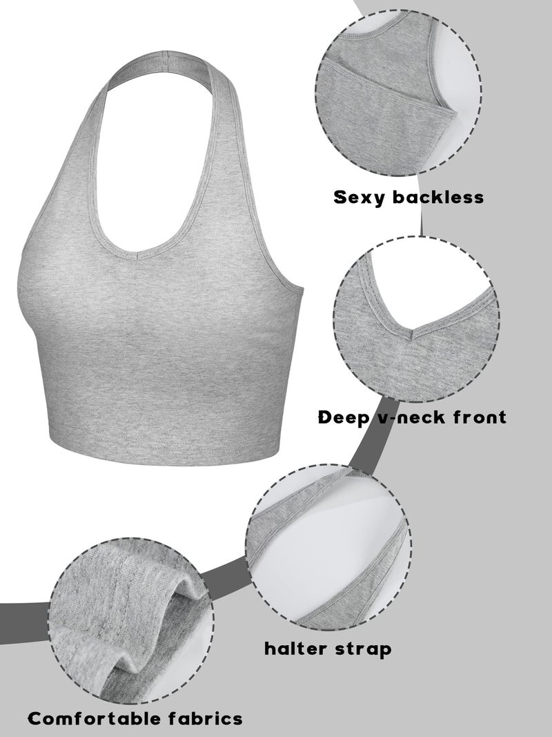 Geyoga 4 Pack Women Halter Tops V Neck Crop Halterneck Tank Backless Tie Back Crop Top Deep V Neck Vest(Small,Black, White, Light Gray, Navy Blue) - Image 4