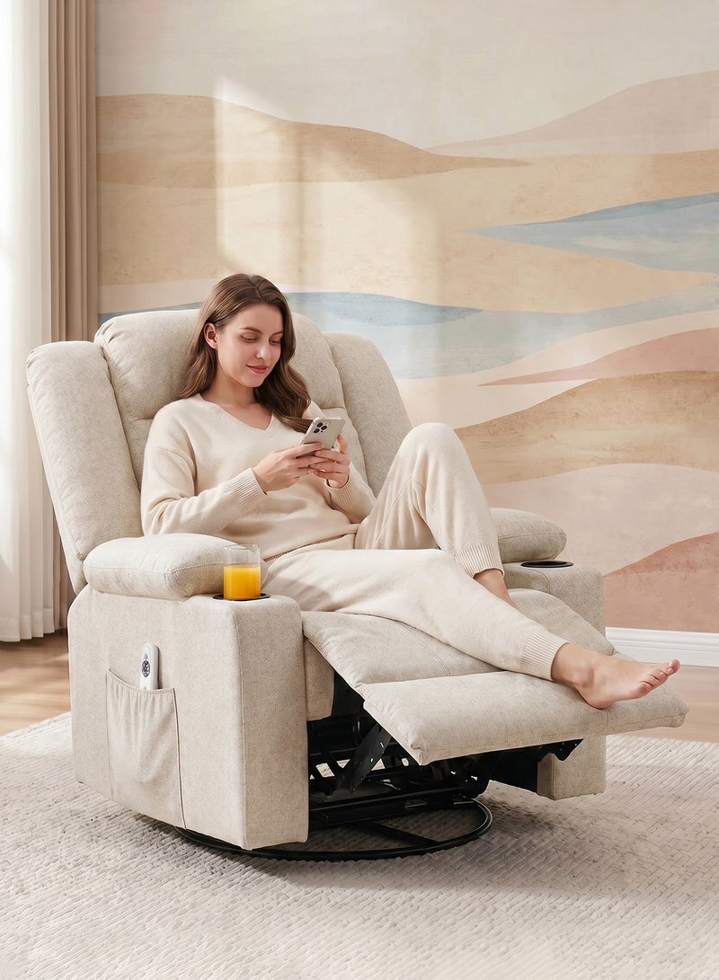 M-Smart Swivel Recliner Chair for Living Room - Ergonomic Rocking Lazy Chair with Dual Cup Holder & Side Pocket for Long Seating, Reading, Watching TV and Napping, 100x86x89cm - Beige - Image 5