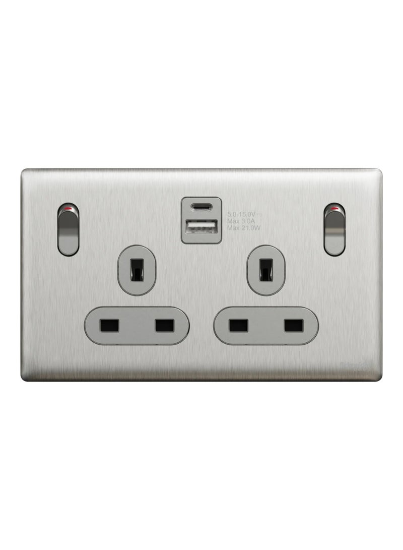 Schneider Electric Switched socket with USB, Unica X, 13A, 250V, 2 pole, type A+C, 21W, stainless steel - NUX25DACQUS_SS - Image 1