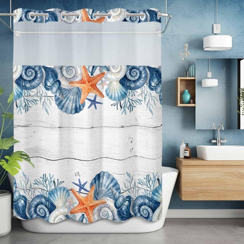 No Hook Shower Curtain and Liner Set, Summer Coastal Snap in Shower Curtain Set, Sea Ocean Starfish Shells Coral Conch Wood Gray Waterproof Fabric Bathroom Curtain with See Through Top Window 48"x72" - Image 5