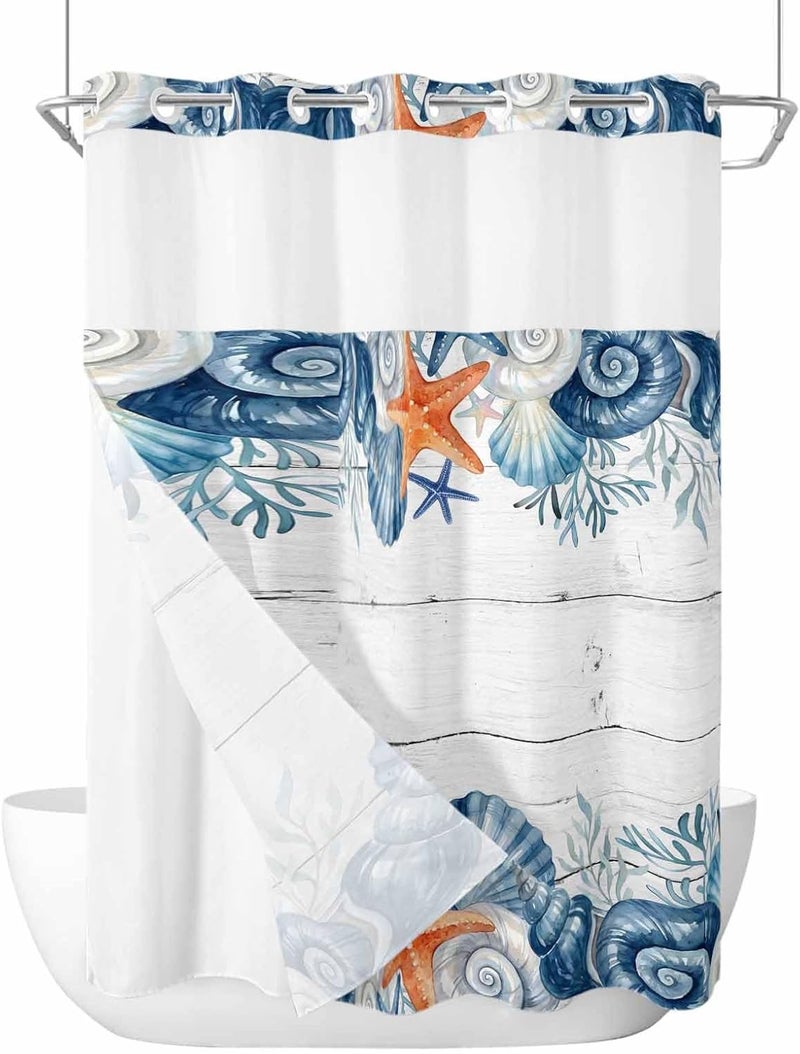 No Hook Shower Curtain and Liner Set, Summer Coastal Snap in Shower Curtain Set, Sea Ocean Starfish Shells Coral Conch Wood Gray Waterproof Fabric Bathroom Curtain with See Through Top Window 48"x72" - Image 1