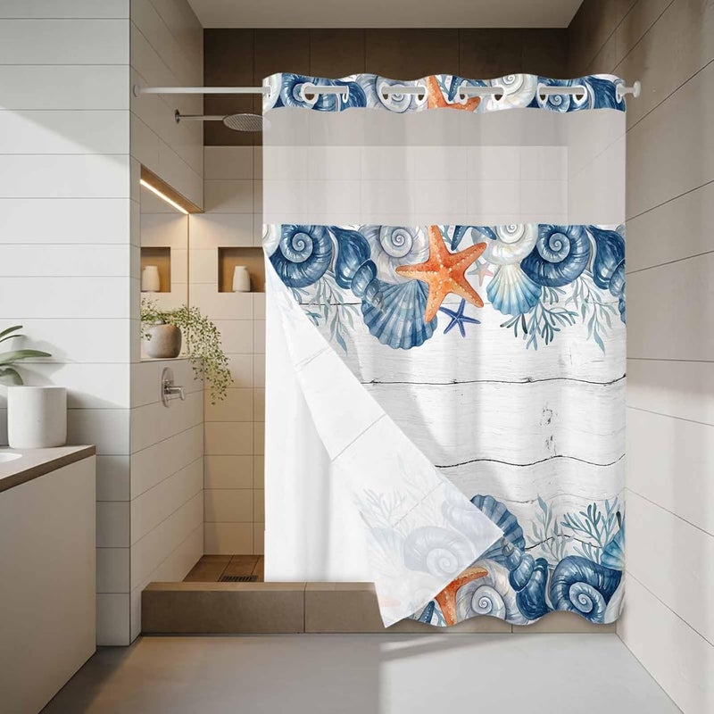 No Hook Shower Curtain and Liner Set, Summer Coastal Snap in Shower Curtain Set, Sea Ocean Starfish Shells Coral Conch Wood Gray Waterproof Fabric Bathroom Curtain with See Through Top Window 48"x72" - Image 3