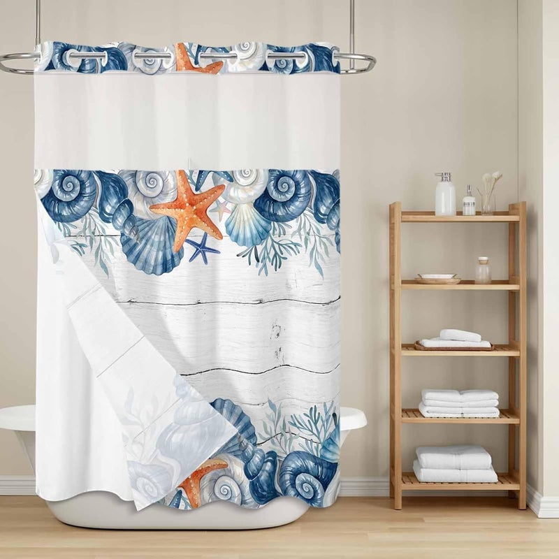 No Hook Shower Curtain and Liner Set, Summer Coastal Snap in Shower Curtain Set, Sea Ocean Starfish Shells Coral Conch Wood Gray Waterproof Fabric Bathroom Curtain with See Through Top Window 48"x72" - Image 2