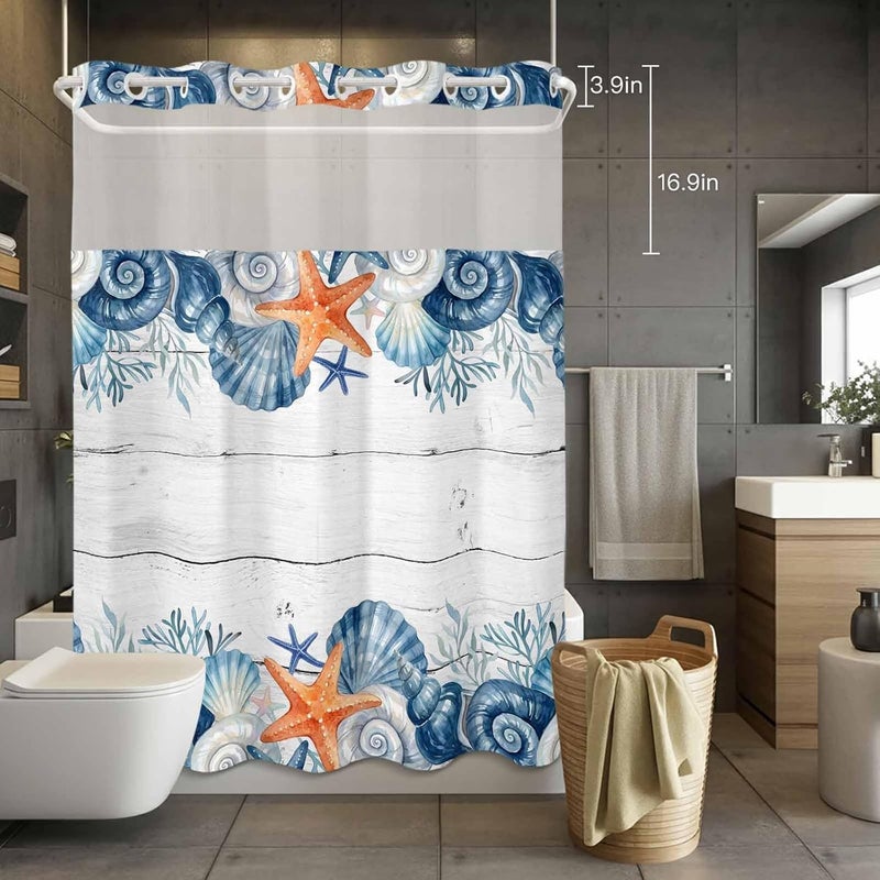 No Hook Shower Curtain and Liner Set, Summer Coastal Snap in Shower Curtain Set, Sea Ocean Starfish Shells Coral Conch Wood Gray Waterproof Fabric Bathroom Curtain with See Through Top Window 48"x72" - Image 4