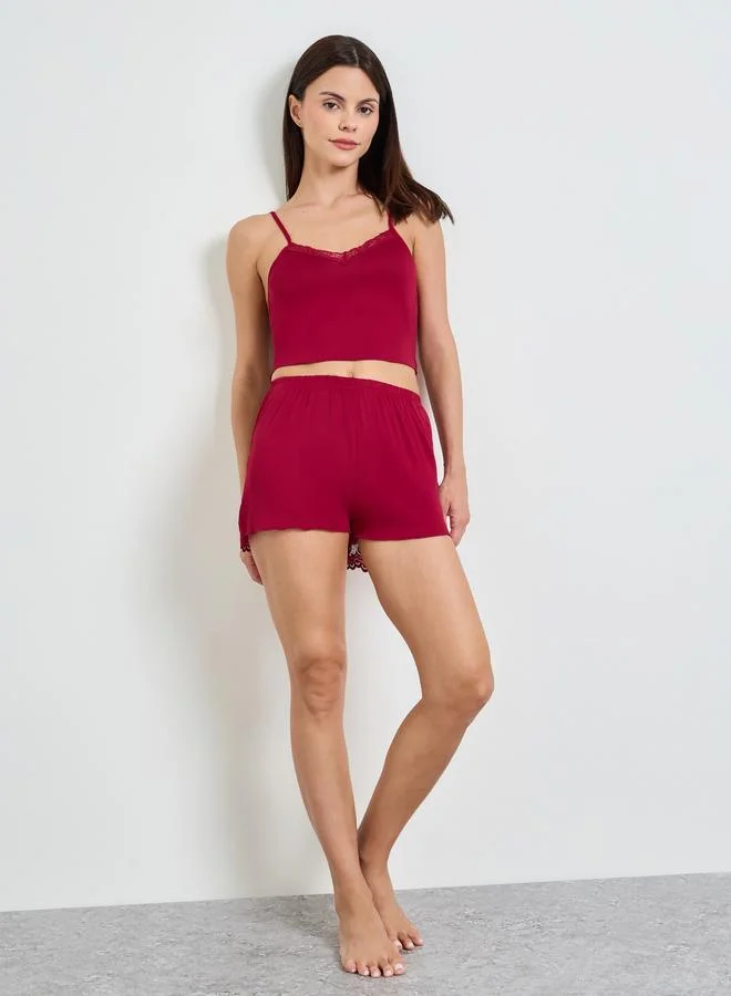 تايك تو Burgundy Lace Trims Butterfly Back Cami Top and Shorts Pajama Set