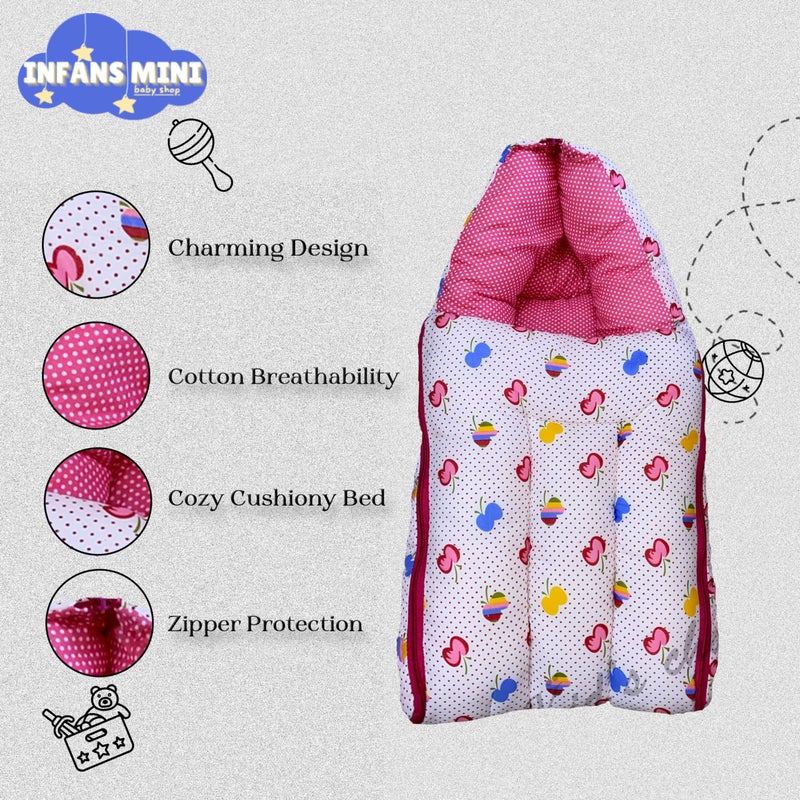 Infans Mini Cherry Mini 3 in 1 Baby's Cotton Bed Cum Carry Bed Printed Baby Sleeping Bag-Baby Bed-Infant Portable for Unisex Easily Portable, Light Weight Carry for New Born 0-4 Months Old (Pink) - Image 4