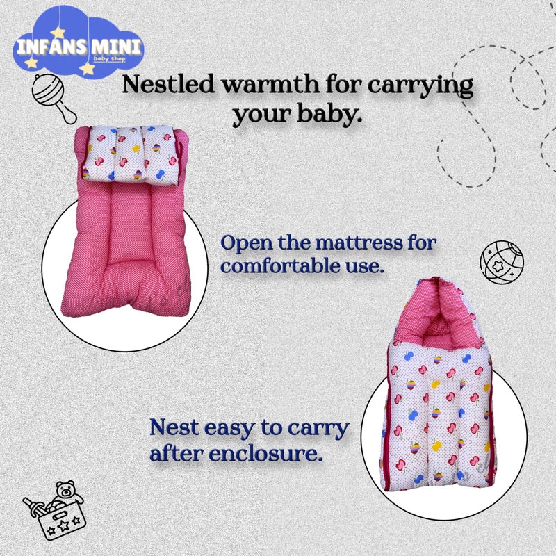 Infans Mini Cherry Mini 3 in 1 Baby's Cotton Bed Cum Carry Bed Printed Baby Sleeping Bag-Baby Bed-Infant Portable for Unisex Easily Portable, Light Weight Carry for New Born 0-4 Months Old (Pink) - Image 3