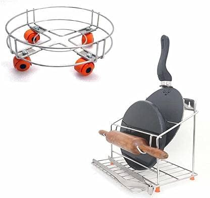 CR18 COLLECTION Combo 1 pcs Cylinder Trolley and Chakla Belan and Tawa Stand for Kitchen - 100% Rust-Free Stainless Steel(Combo) - Image 1