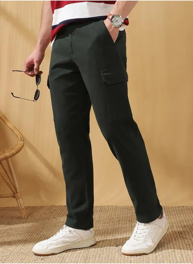 Dennis Lingo Straight Fit Solid Olive Green 98% Cotton 2 %Elastane Mid Rise Waist Full Length Woven Weave Cargo for Men with Button/Zip Closure -elevate your everyday fashion game effortlessly.