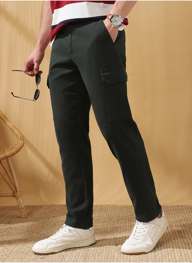 Dennis Lingo Straight Fit Solid Olive Green 98% Cotton 2 %Elastane Mid Rise Waist Full Length Woven Weave Cargo for Men with Button/Zip Closure -elevate your everyday fashion game effortlessly.  - Image 2