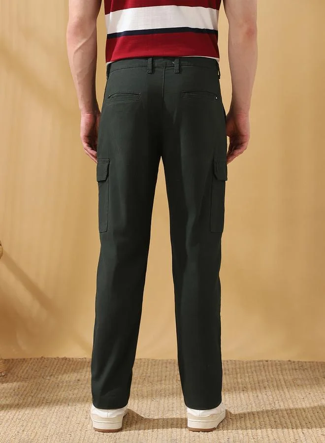 Dennis Lingo Men's Olive Green 100% Cotton Solid Pattern Full Length Cargo Straight Fit Trouser