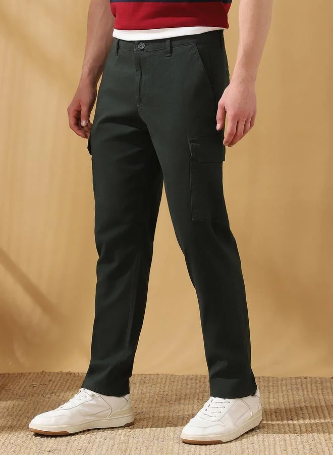 Dennis Lingo Men's Olive Green 100% Cotton Solid Pattern Full Length Cargo Straight Fit Trouser