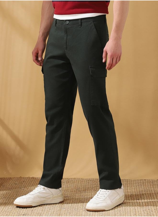 Dennis Lingo Straight Fit Solid Olive Green 98% Cotton 2 %Elastane Mid Rise Waist Full Length Woven Weave Cargo for Men with Button/Zip Closure -elevate your everyday fashion game effortlessly.  - Image 3
