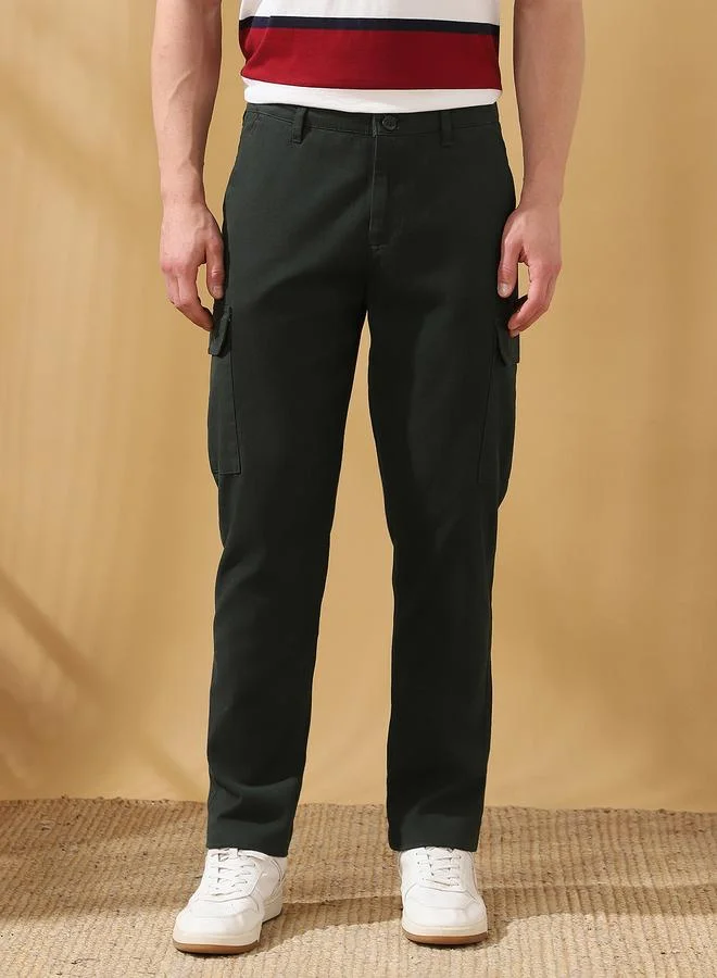 Dennis Lingo Men's Olive Green 100% Cotton Solid Pattern Full Length Cargo Straight Fit Trouser