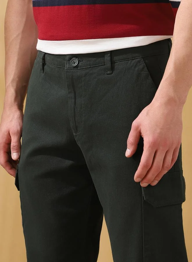 Dennis Lingo Men's Olive Green 100% Cotton Solid Pattern Full Length Cargo Straight Fit Trouser