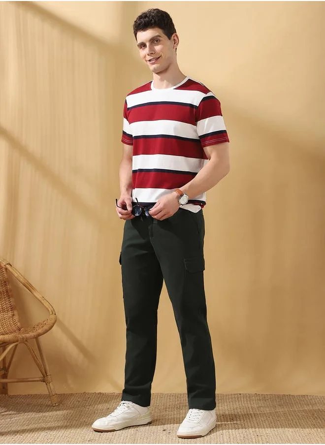 Dennis Lingo Straight Fit Solid Olive Green 98% Cotton 2 %Elastane Mid Rise Waist Full Length Woven Weave Cargo for Men with Button/Zip Closure -elevate your everyday fashion game effortlessly.