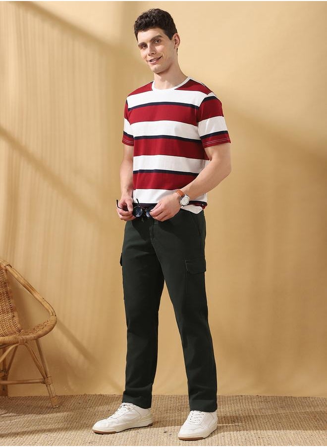 Dennis Lingo Straight Fit Solid Olive Green 98% Cotton 2 %Elastane Mid Rise Waist Full Length Woven Weave Cargo for Men with Button/Zip Closure -elevate your everyday fashion game effortlessly.  - Image 1