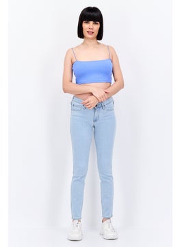 UNDIZ Women Square Neck Sleeveless Ribbed Crop Top, Blue  - Image 3