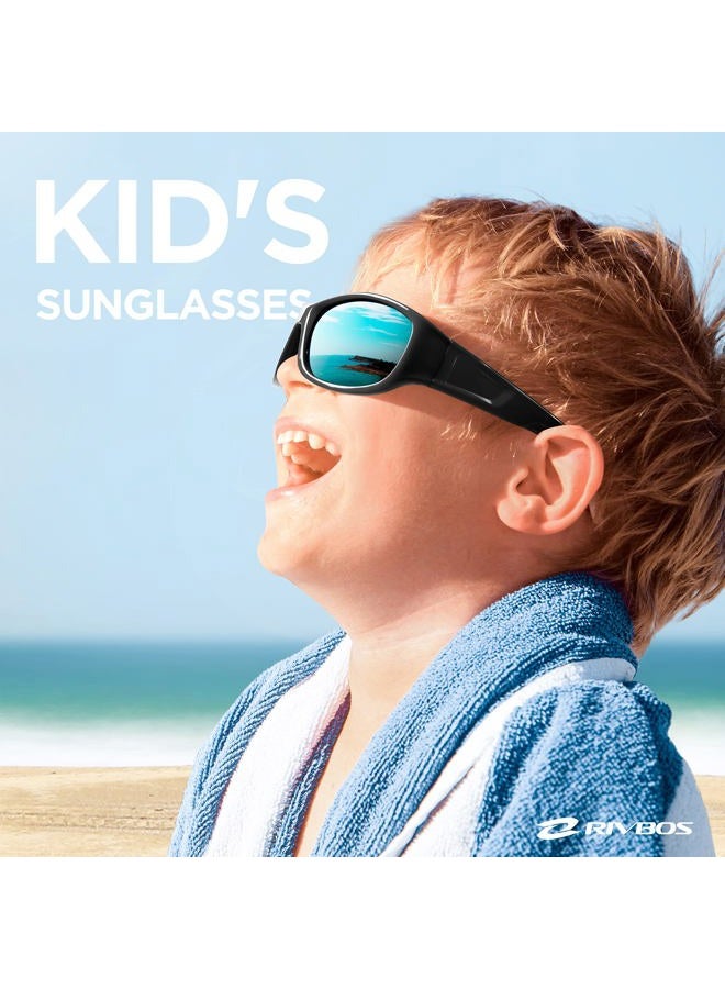 RIVBOS Kids (Age 3-8) Sunglasses Polarized UV Protection Flexible Rubber Glasses Shades with Strap for Boys Girls RBK037, Black Polarized Lens, Medium - Image 2
