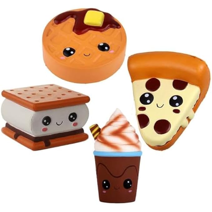 Anboor 4 Pcs Squishies Smore Waffle Cake Pizza Coffee Cup Kawaii Scented Soft Slow Rising Squeeze Stress Relief Kids Toy Valentines Day Gifts - Image 1
