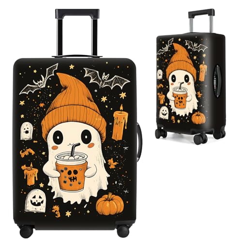 THISFIND Cute Ghost Halloween Luggage Cover – Bubble Tea Suitcase Protector with Pumpkin & Bat Design – Stretchable Travel Cover for 18-22 Inch Luggage, S - Image 1