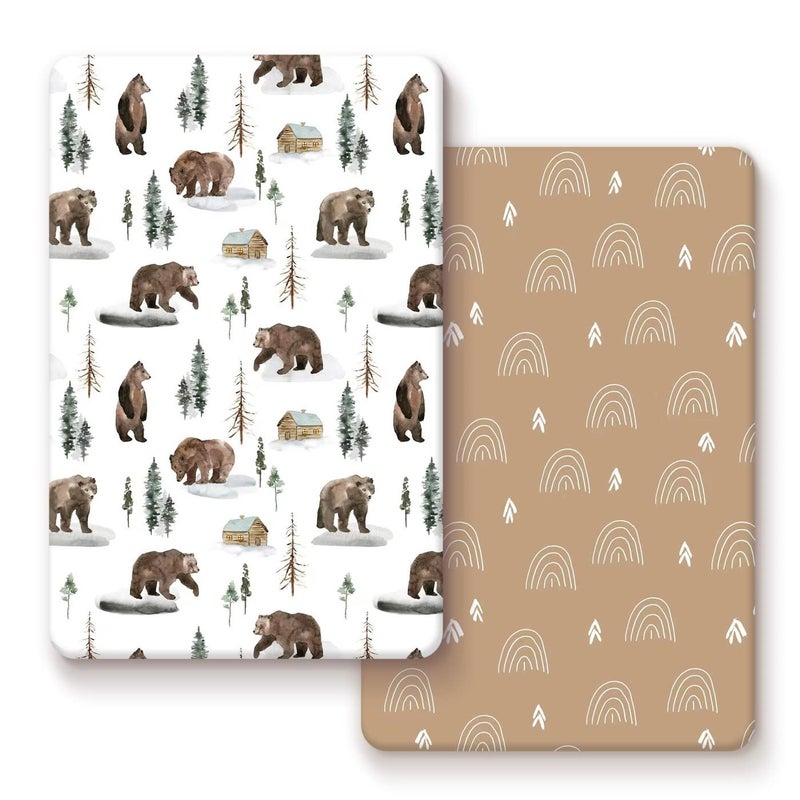 GRSSDER Stretchy Ultra Soft Jersey Knit Fitted Pack n Play Sheets Set 2 Pack Neutral PortableMini Cribs Sheets Fit Playpen Mattress Pads Safe and Snug Jungle BearRainbow for Baby