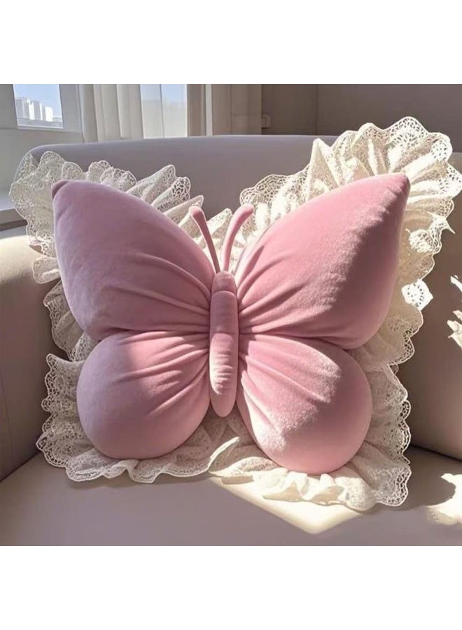 LBMT وسادة أنيقة على شكل فراشة مع حواف من الدانتيل،وسادة مقعد ناعمة محشوة على شكل فراشة،وسائد زخرفية لطيفة، مناسبة كوسادة للأريكة وغرفة المعيشة وغرفة النوم وكرسي المكتب (وردي) - Image 1