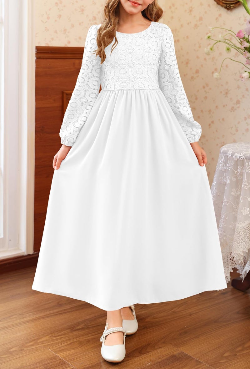HOSIKA Girls Long Sleeve Maxi Dress Vintage Chiffon A-Line Formal Junior Bridesmaid Dresses for Fall Wedding Party White - Image 3