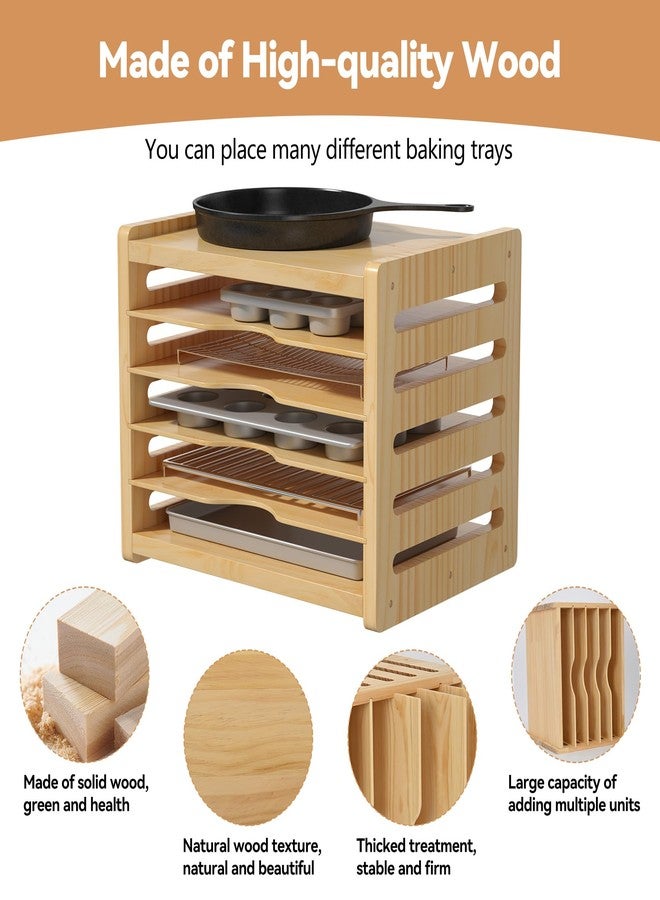 tonchean 6 Tier Wooden Tray Dividers for Cabinets Baking Cookie Sheet Organizer for Pot, Pans, Baking Tray Organizer for Kitchen Documents Storage - Image 4