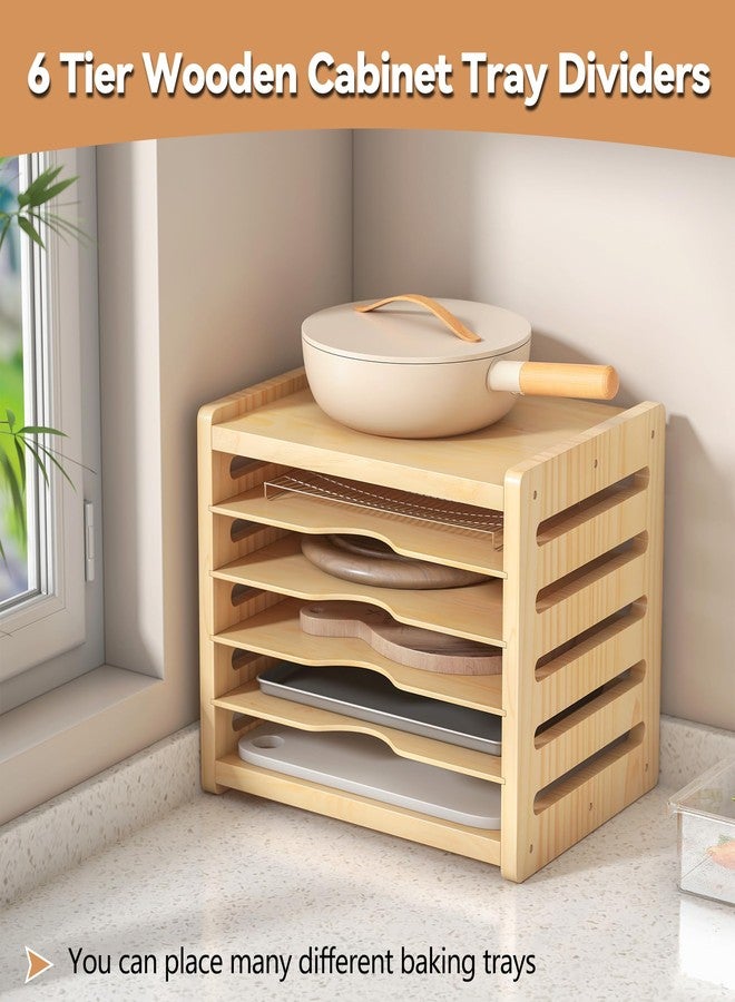 tonchean 6 Tier Wooden Tray Dividers for Cabinets Baking Cookie Sheet Organizer for Pot, Pans, Baking Tray Organizer for Kitchen Documents Storage - Image 5