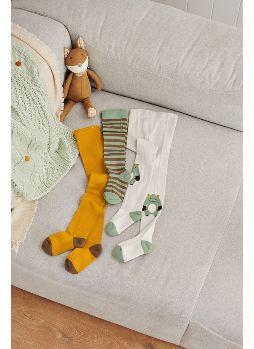 Tchibo Toddlers Girl 3 Pair Pull On Stripe Tights, Green Combo  - Image 1