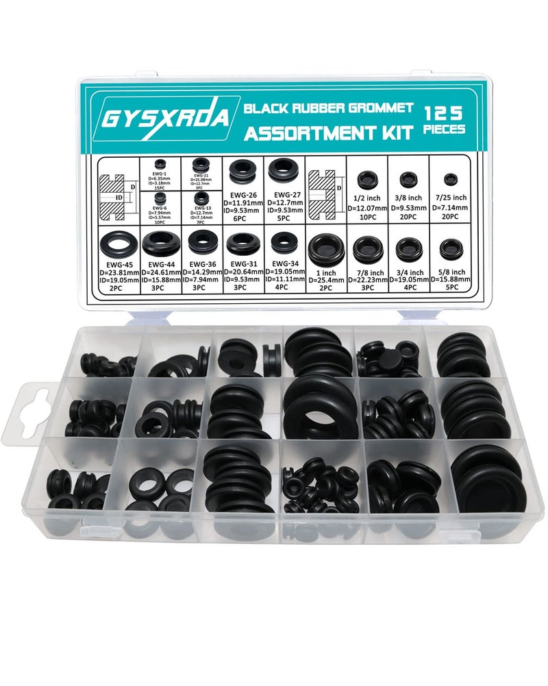 Gysxrda Rubber Grommet 125 PC - 18 Sizes Firewall Rubber Hole Plugs Rubber Grommets for Wiring, Automotive Firewall Grommet, Home Improvement Cord Pipe Wire Organization - Image 1