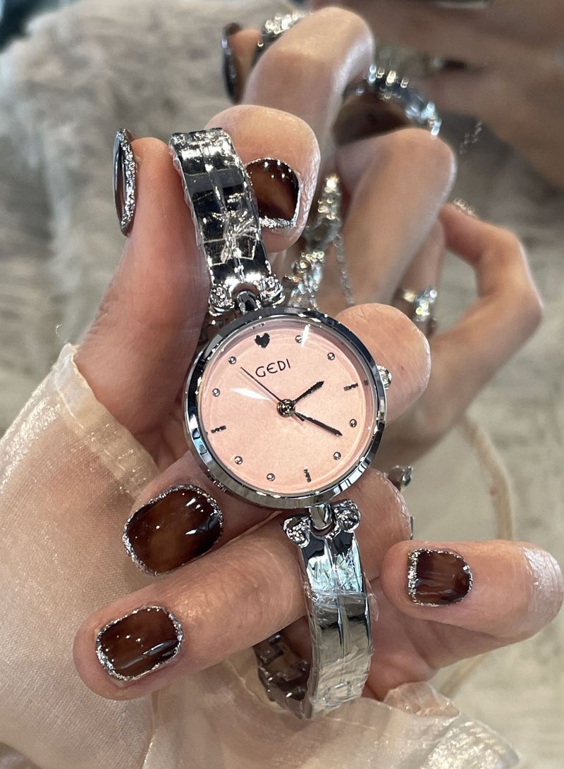 GEDI Women's Pink Dial Bracelet Watch Shiny Crystal Decor Luxury Stainless Steel Ladies Dress Wristwatch