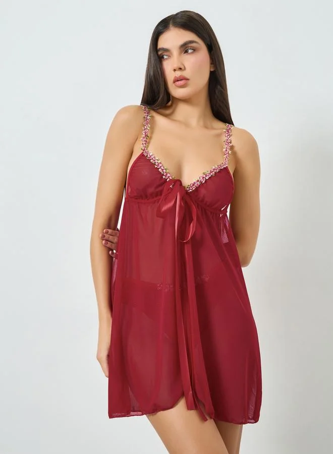 Take Two  Burgundy Floral Trim Babydoll with Brief Set for Women | Best Price UAE