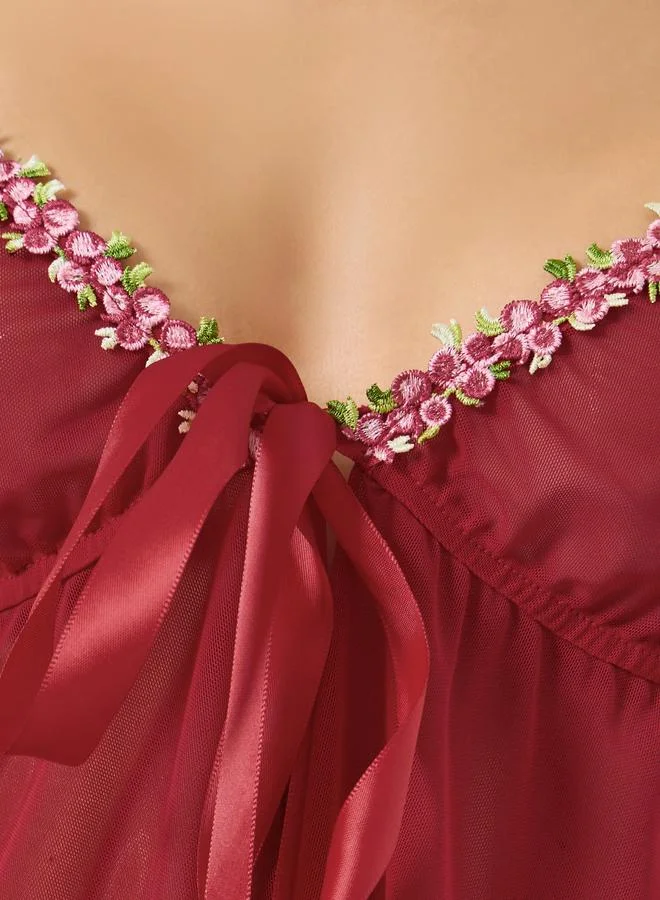 Take Two  Burgundy Floral Trim Babydoll with Brief Set for Women | Best Price UAE
