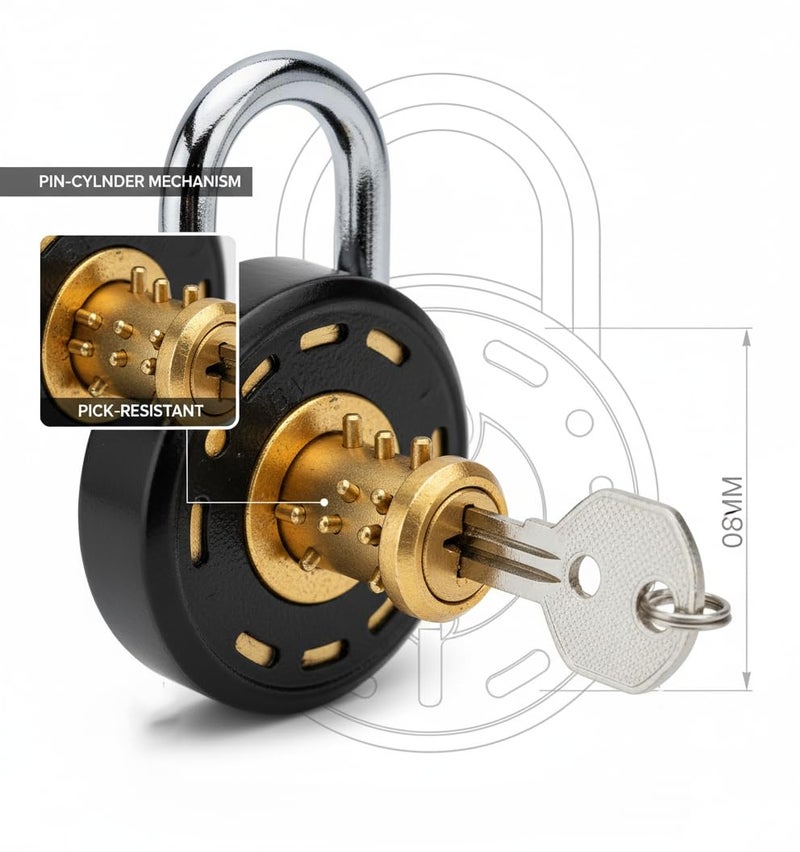 ONEPRO Azco Round Locks Multiple Keys Padlocks 52mm 65mm Steel Levers Double Locking, Strong Hardened Shackle Lock and Key for Home Door Shutter Shop Office Main Gate (10 Keys 50mm Black Pack of 1) - Image 5