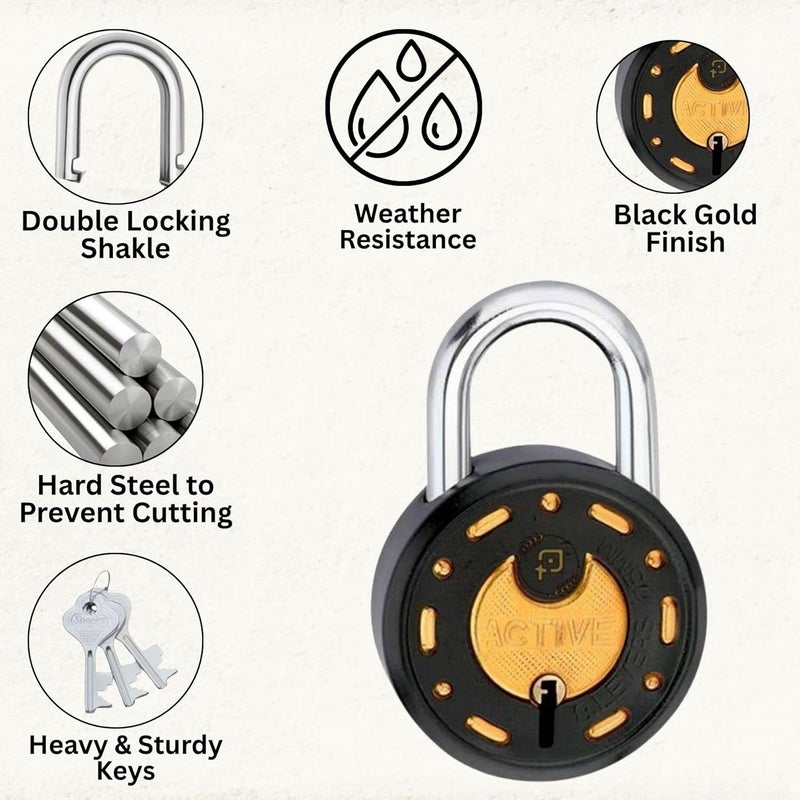 ONEPRO Azco Round Locks Multiple Keys Padlocks 52mm 65mm Steel Levers Double Locking, Strong Hardened Shackle Lock and Key for Home Door Shutter Shop Office Main Gate (10 Keys 50mm Black Pack of 1) - Image 3
