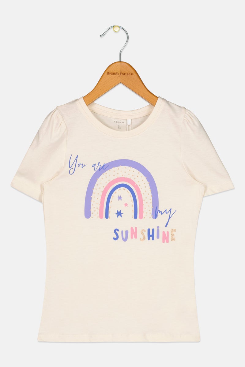 NAME IT Kids Girl Round Neck Short Sleeves Graphic Print T-Shirt, Beige - Image 1